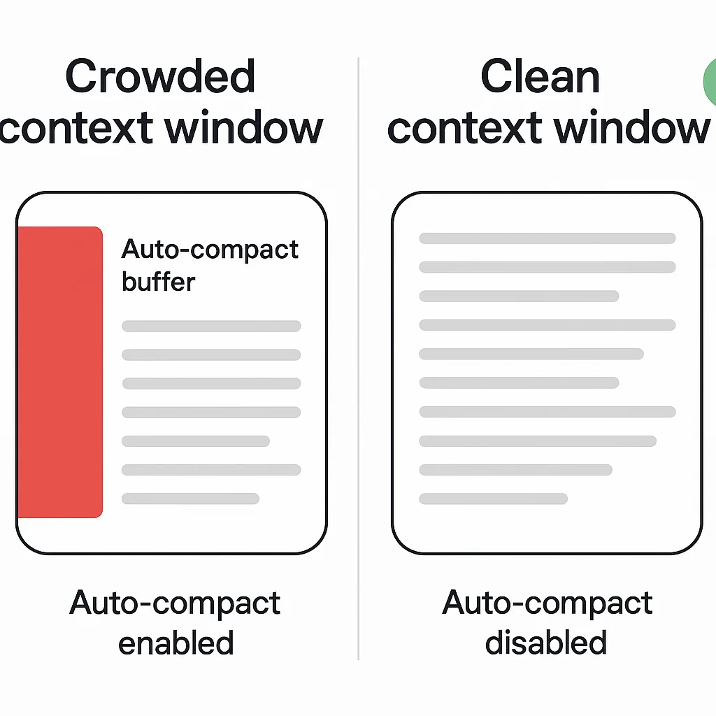 Context window after disabling auto-compact, showing 22.5% more available space