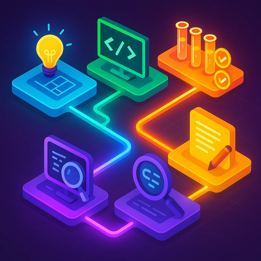 Software development lifecycle workflow showing separate isolated sessions for each phase