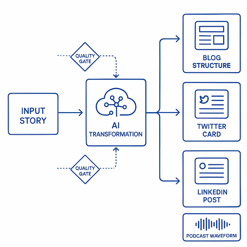 Diagram showing content flowing from story through AI pipeline to multiple platform-specific outputs