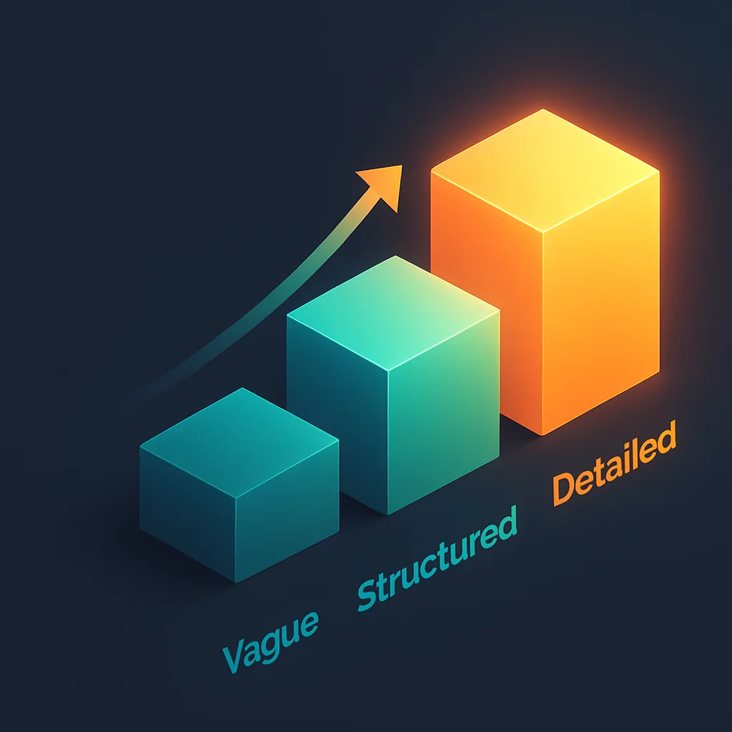 Diagram showing progression from vague prompts to detailed structured prompts with better outputs