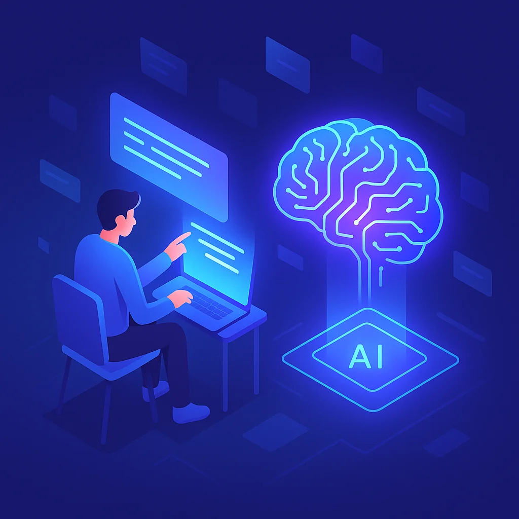 Hero image showing a developer crafting prompts with glowing text flowing into an AI system