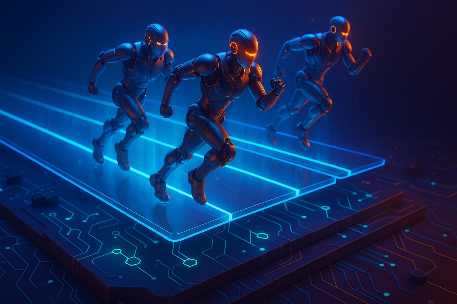 Three AI coding agents racing forward above a glowing platform infrastructure layer