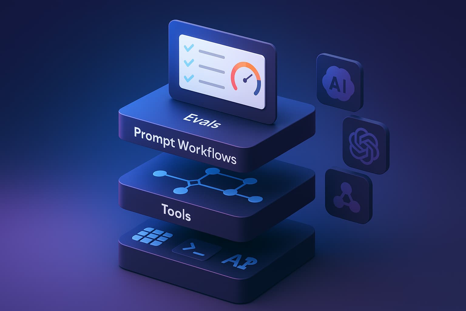Diagram showing three horizontal layers stacked vertically — a top layer labeled evals, a middle layer labeled prompt workflows with arrows branching between steps, and a bottom layer labeled tools, with vendor logos hovering to the side disconnected from the stack