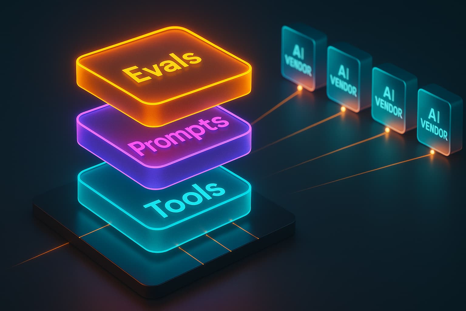 Hero image showing three stacked horizontal layers labeled tools, prompts, and evals connecting outward to a row of swappable AI vendor logos