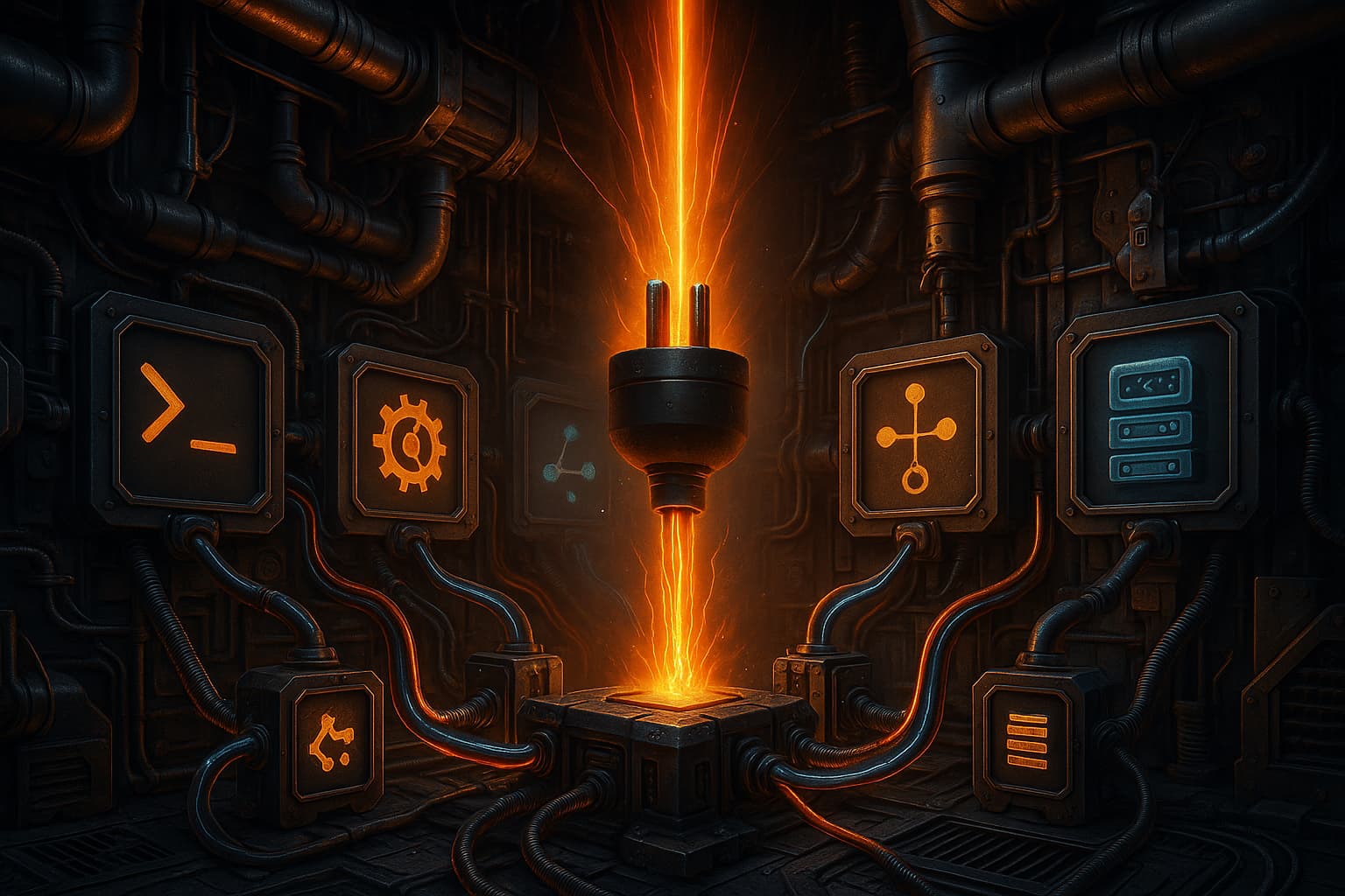 Hero image showing a glowing central plug socket inside a dense sci-fi engine room, surrounded by heavy industrial machinery and five inset icon panels for commands, skills, subagents, hooks, and MCPs, connected to the plug by armored conduits with pulsing red and blue energy lines