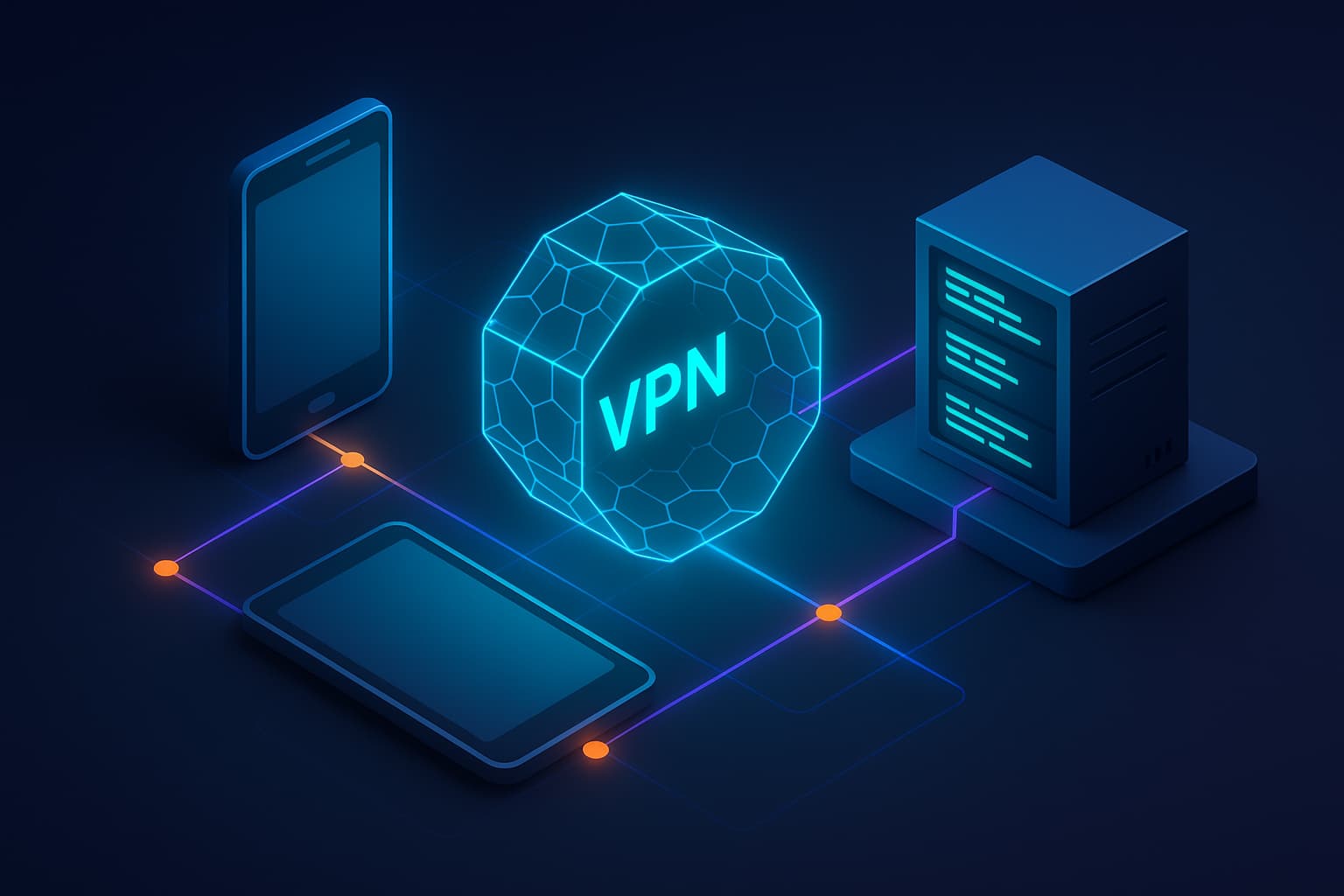 Diagram showing a phone and tablet reaching a closet server through a private VPN mesh with no public internet exposure