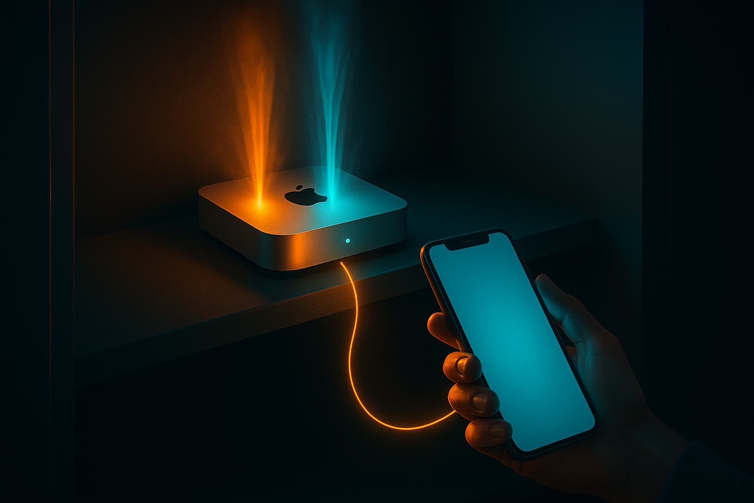 Hero image showing a headless Mac mini on a closet shelf glowing with agent activity, connected to a phone held in a hand outdoors