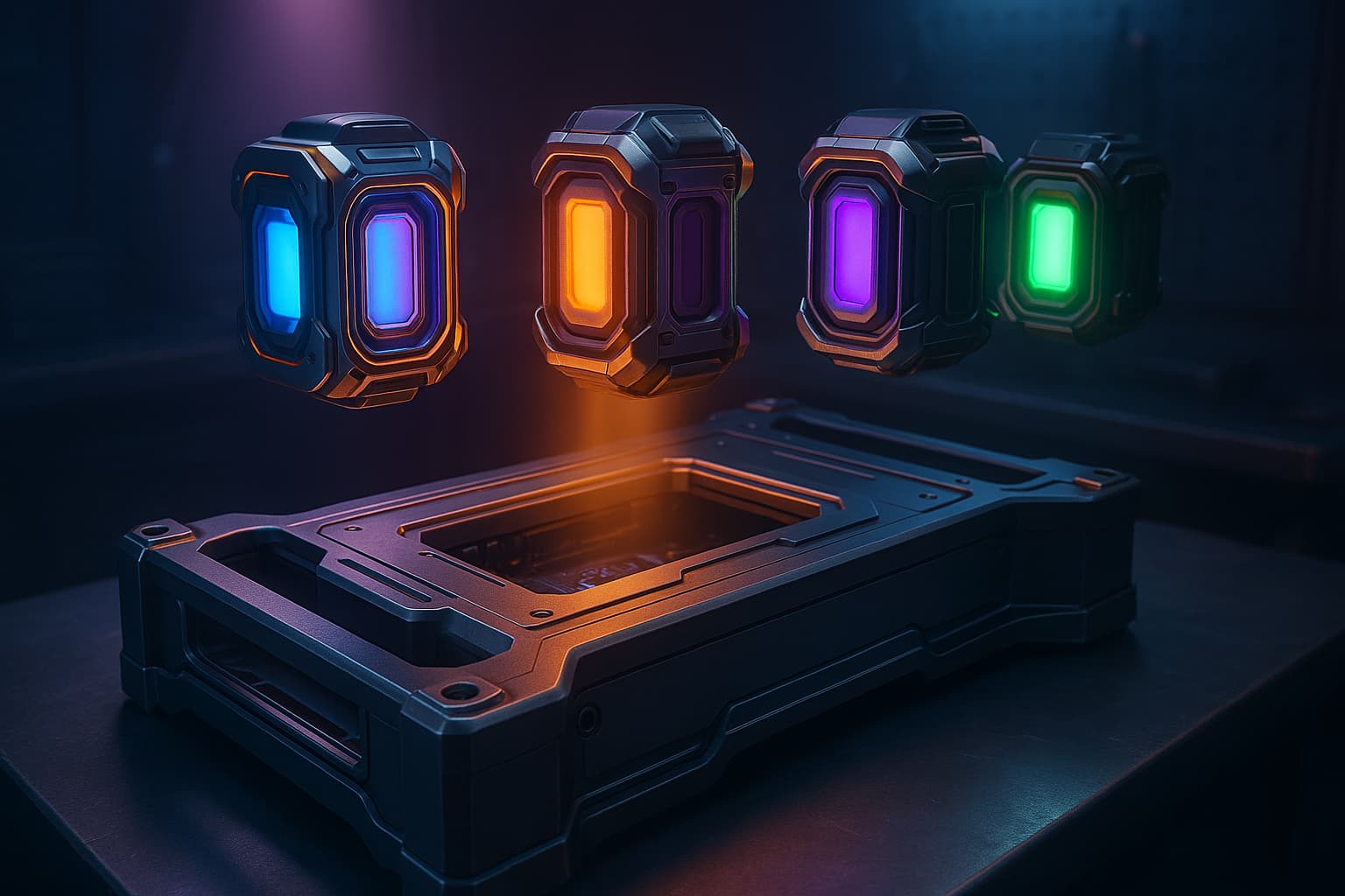 Hero image showing interchangeable glowing model cores hovering beside a single machine chassis